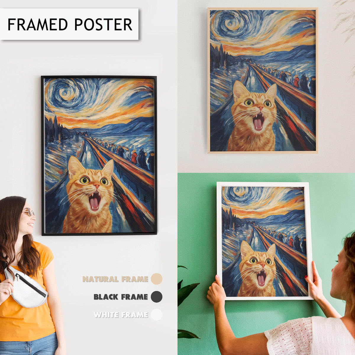 Funny Cat Wall Art, Scream Parody Cat Print, Whimsical Animal Art, Cat Scream Painting, Unique Cat Portrait for Living Room, Van Gogh Style