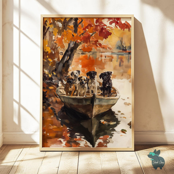 Autumn Dog Wall Art, Cozy Fall Animal Art Print, Dogs in Boat Painting, Rustic Dog Portrait, Nature Animal Decor, Vintage Art Poster