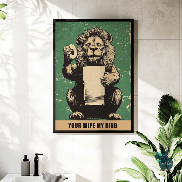 Funny Lion Bathroom Wall Art, Humorous Animal Art Print Decor, Vintage Art Poster, Quirky Bathroom Decor, Lion Toilet Paper Wall Art