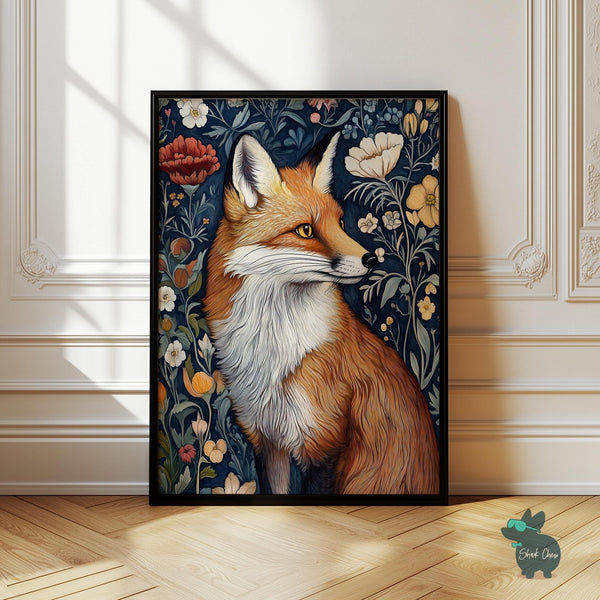 Fox and Floral Wall Art, Woodland Fox Art Print Decor, Nature-Inspired Animal Decor, Fox with Flowers Painting, Rustic Fox Wall Art