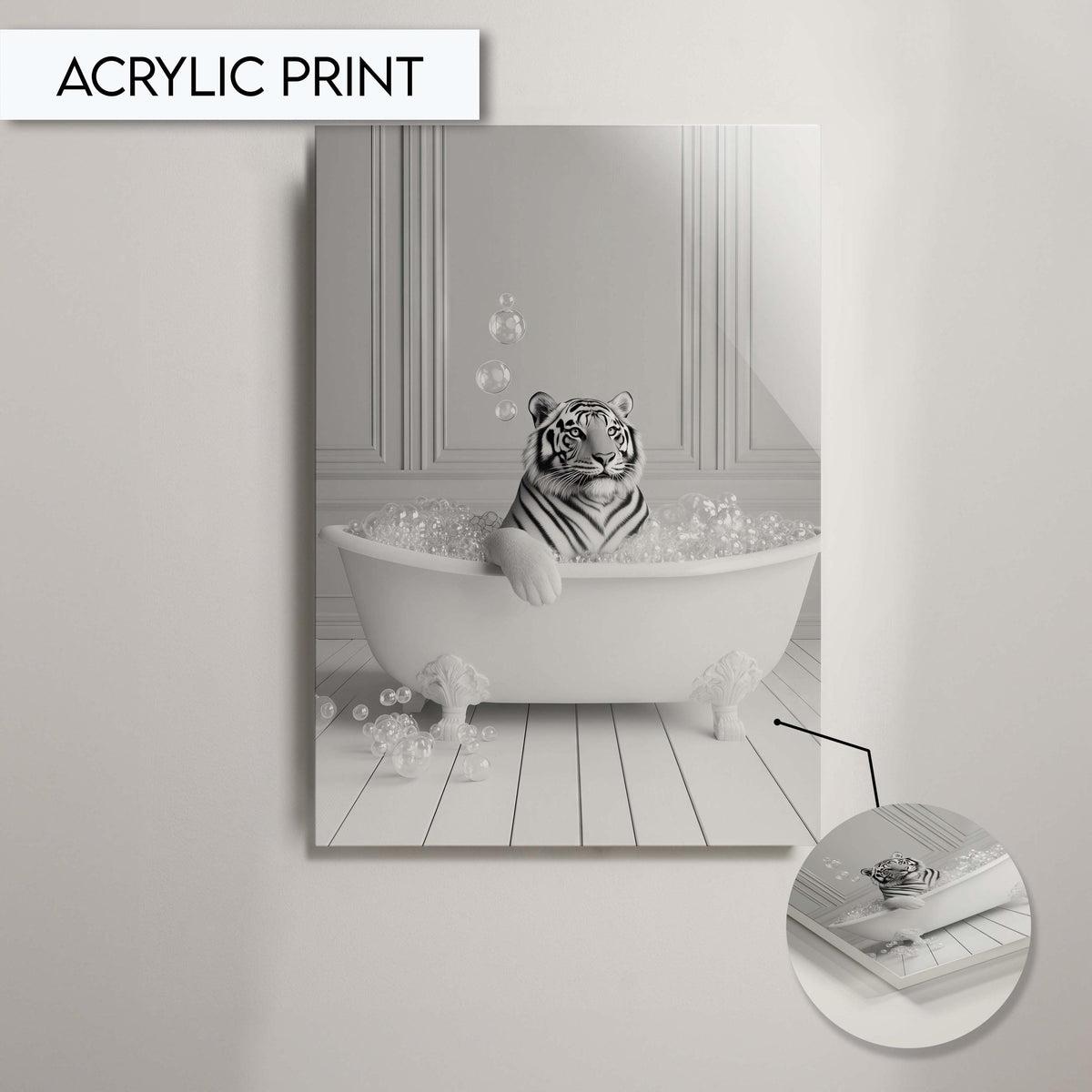 Tiger Bathroom Wall Art Print, Black and White Tiger Bathtub Art, Animal Bathroom Decor, Animal Wall Art, Tiger Art Print for Bathroom