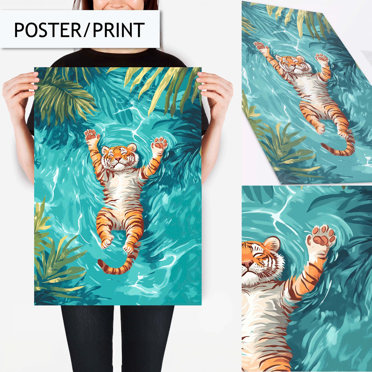 Baby Tiger Floating in Water Print, Tiger Wall Art, Jungle Inspired Animal Art, Tropical Decor for Living Room or Kids Room Wall Decor