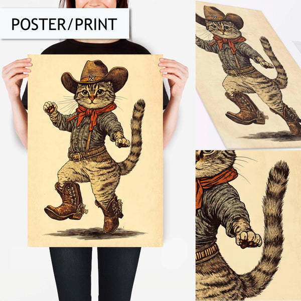 Vintage Cowboy Cat Poster | Rustic Animal Print | Western Cat Art | Cute Cat Wall Art | Feline Cowboy Illustration | Pet Lover Decor