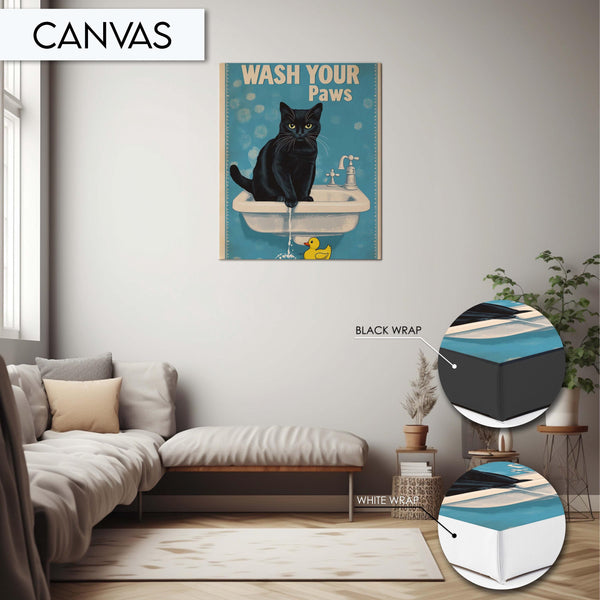 Funny Toilet Art Print Decor, Black Cat Wash Your Paws, Funny Bathroom Decoration Print, Fun Animal Picture Vintage Wall Art Print