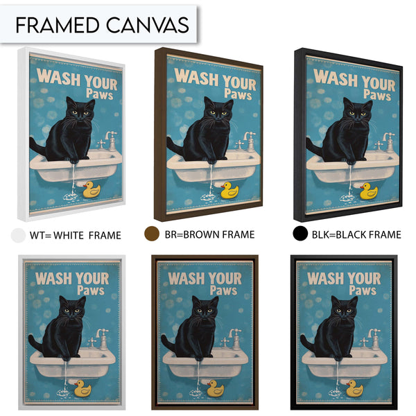 Funny Toilet Art Print Decor, Black Cat Wash Your Paws, Funny Bathroom Decoration Print, Fun Animal Picture Vintage Wall Art Print