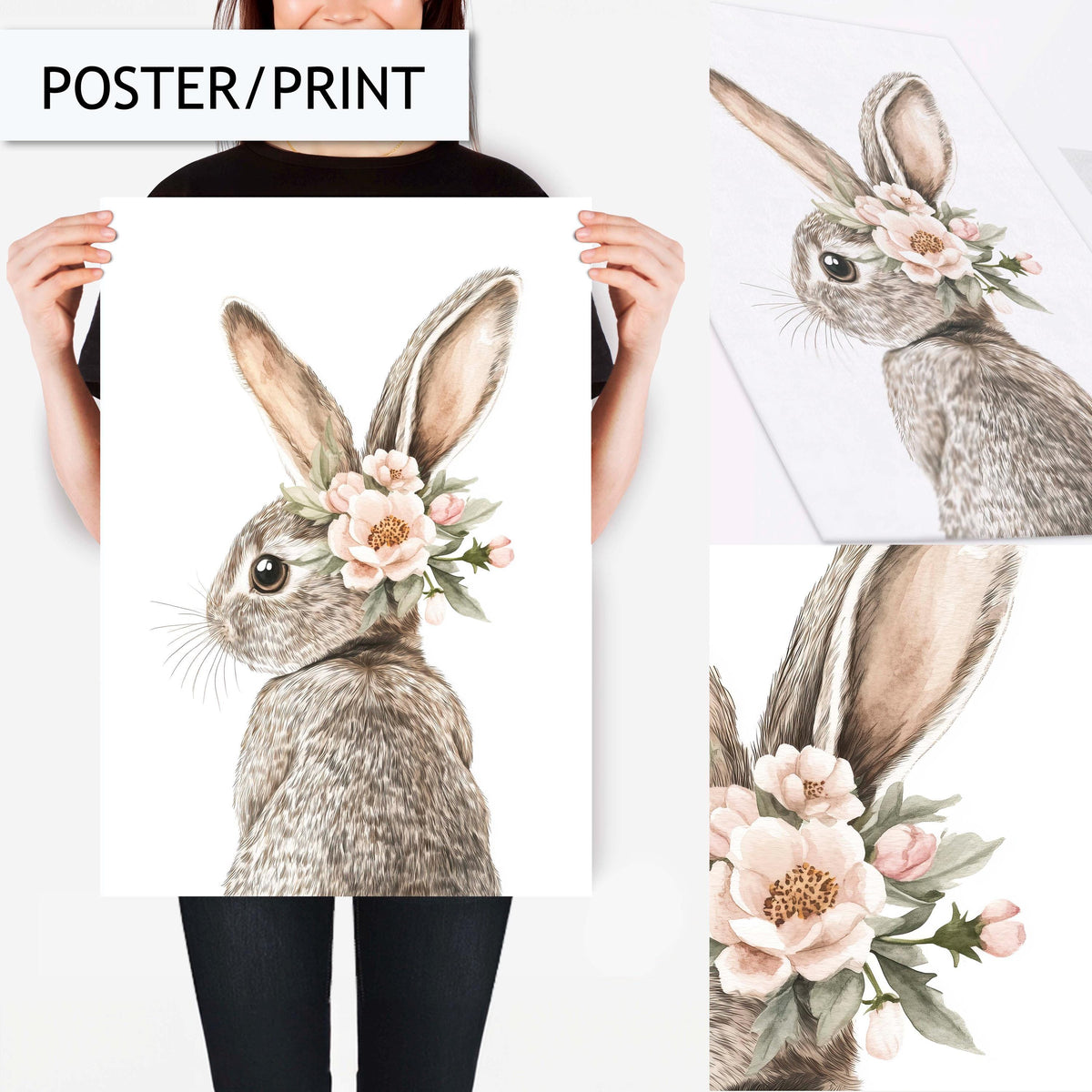 Floral Bunny Wall Art, Cute Rabbit Art Print, Animal Nursery Decor, Woodland Bunny, Floral Animal Wall Art, Rabbit Art for Baby Room