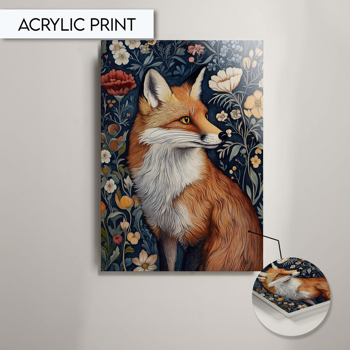 Fox and Floral Wall Art, Woodland Fox Art Print Decor, Nature-Inspired Animal Decor, Fox with Flowers Painting, Rustic Fox Wall Art