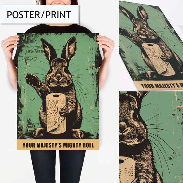 Funny Rabbit Bathroom Wall Art, Quirky Bunny Holding Toilet Paper Print, Humorous Animal Decor for Bathroom, Vintage Bathroom Art Poster