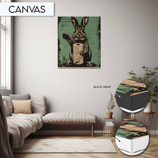 Funny Rabbit Bathroom Wall Art, Quirky Bunny Holding Toilet Paper Print, Humorous Animal Decor for Bathroom, Vintage Bathroom Art Poster