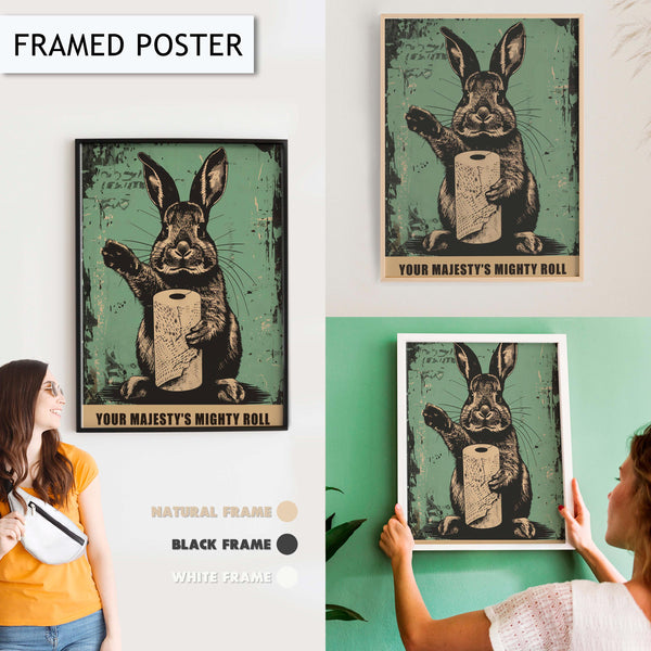 Funny Rabbit Bathroom Wall Art, Quirky Bunny Holding Toilet Paper Print, Humorous Animal Decor for Bathroom, Vintage Bathroom Art Poster