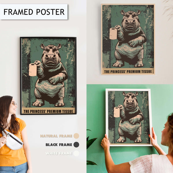 Funny Hippo Bathroom Art, Toilet Paper Humor, Animal Wall Art for Bathroom, Farmhouse Bathroom Decor, Vintage Bathroom Poster Toilet Art