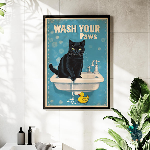 Funny Toilet Art Print Decor, Black Cat Wash Your Paws, Funny Bathroom Decoration Print, Fun Animal Picture Vintage Wall Art Print