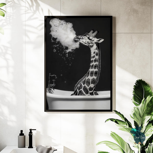 Giraffe Bathtub Wall Art, Quirky Animal Bathroom Print, Fun Bathroom Decor, Funny Giraffe Wall Art, Black and White Animal Art