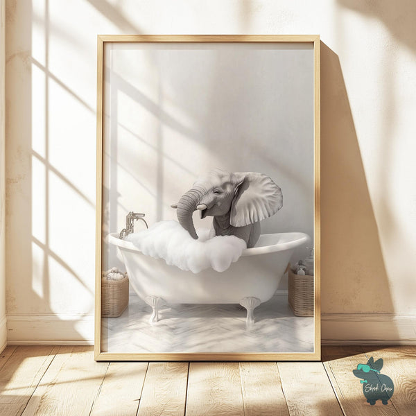 Elephant Bathtub Wall Art Decor, Cute Safari Animal Decor, Playful Bathroom Print, Fun Bubble Bath Artwork, Funny Elephant Wall Art