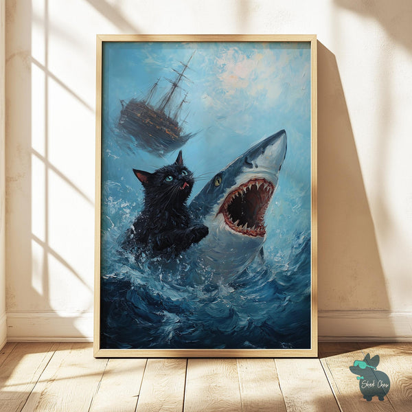 Cat and Shark Wall Art, Nautical Animal Print, Adventure-Themed Decor, Quirky Cat Artwork, Ocean Animal Poster, Classical Art Collectibles