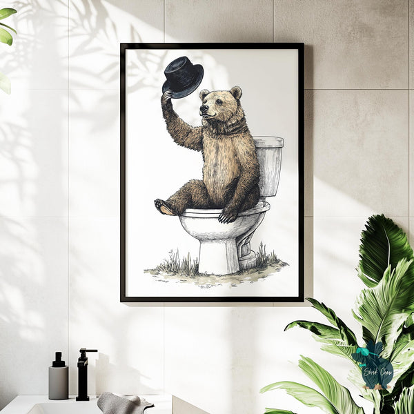 Funny Bear Toilet Art, Quirky Bathroom Wall Art, Rustic Animal Print, Farmhouse Bathroom Decor, Unique Bear Wall Art, Vintage Bathroom Print