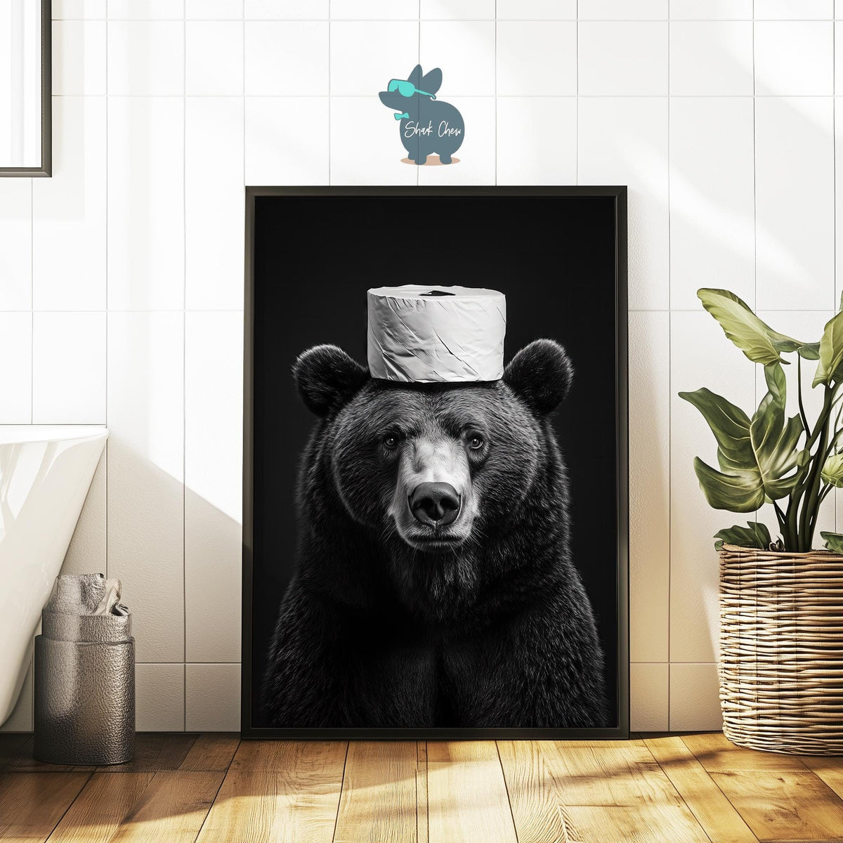 Funny Bear Bathroom Wall Art, Quirky Toilet Paper Hat Print, Animal Toilet Paper Decor, Black and White Bear Art, Fun Bathroom Decor