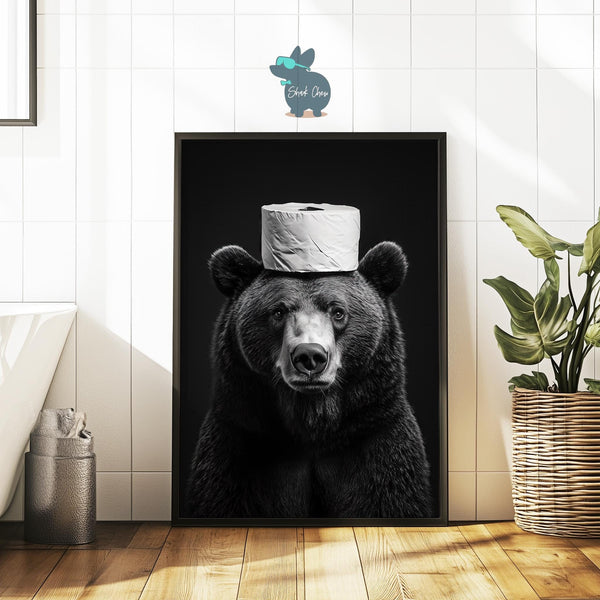 Funny Bear Bathroom Wall Art, Quirky Toilet Paper Hat Print, Animal Toilet Paper Decor, Black and White Bear Art, Fun Bathroom Decor