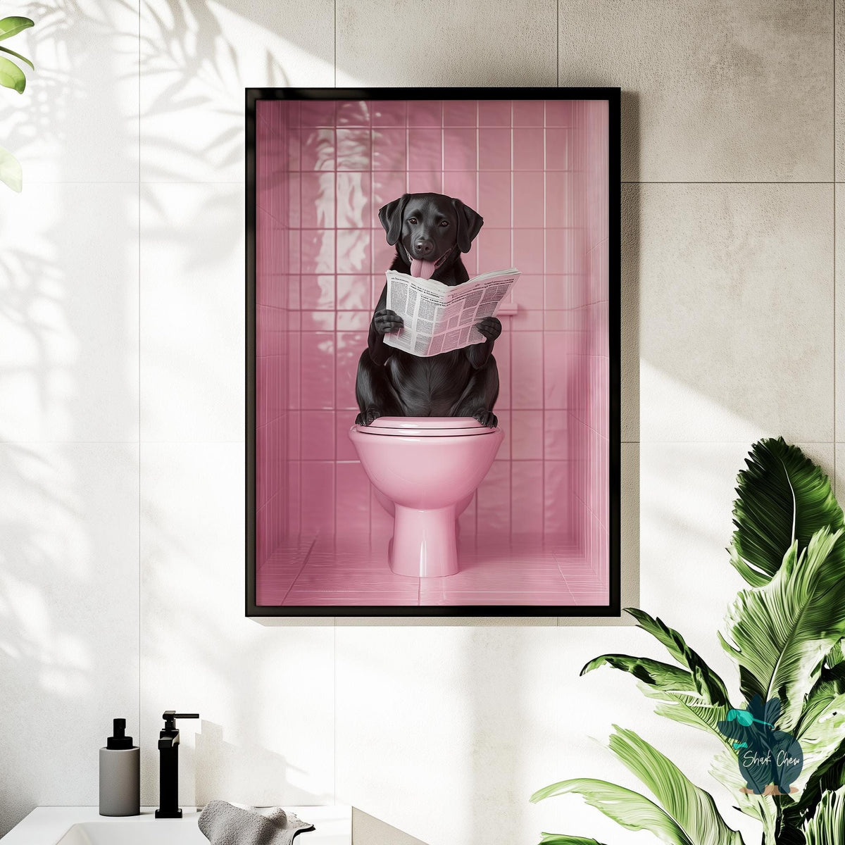 Funny Dog Toilet Art, Quirky Bathroom Wall Art, Dog Reading Newspaper Print, Pink Bathroom Decor, Unique Animal Wall Art, Toilet Art Print