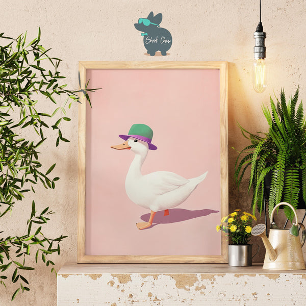 Funny Silly Goose Wall Art, Quirky Animal Print, Goose in Hat Decor, Pink Wall Art, Unique Animal Wall Art for Kids Room, Funny Toilet Art