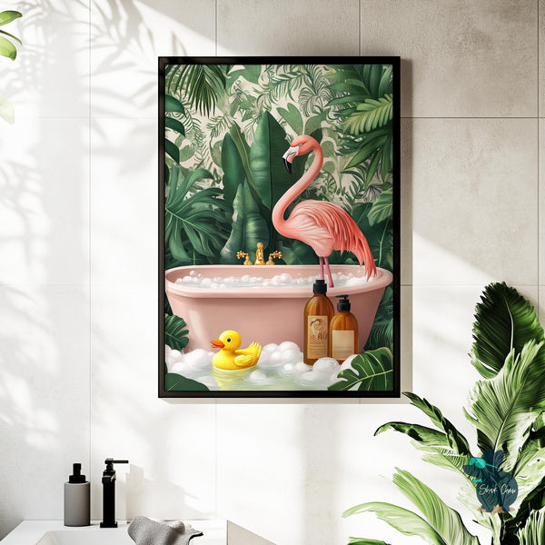 Flamingo Bubble Bathroom Wall Art, Tropical Animal Bathroom Print, Quirky Flamingo Decor for Bathroom Wall Decor, Funny Toilet Art