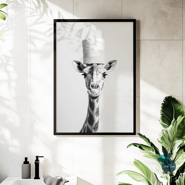 Giraffe Bathroom Art Print, Funny Animal Wall Decor for Bathroom, Giraffe Print for Toilet Wall Art, Modern Bathroom Decor, Toilet Paper Art