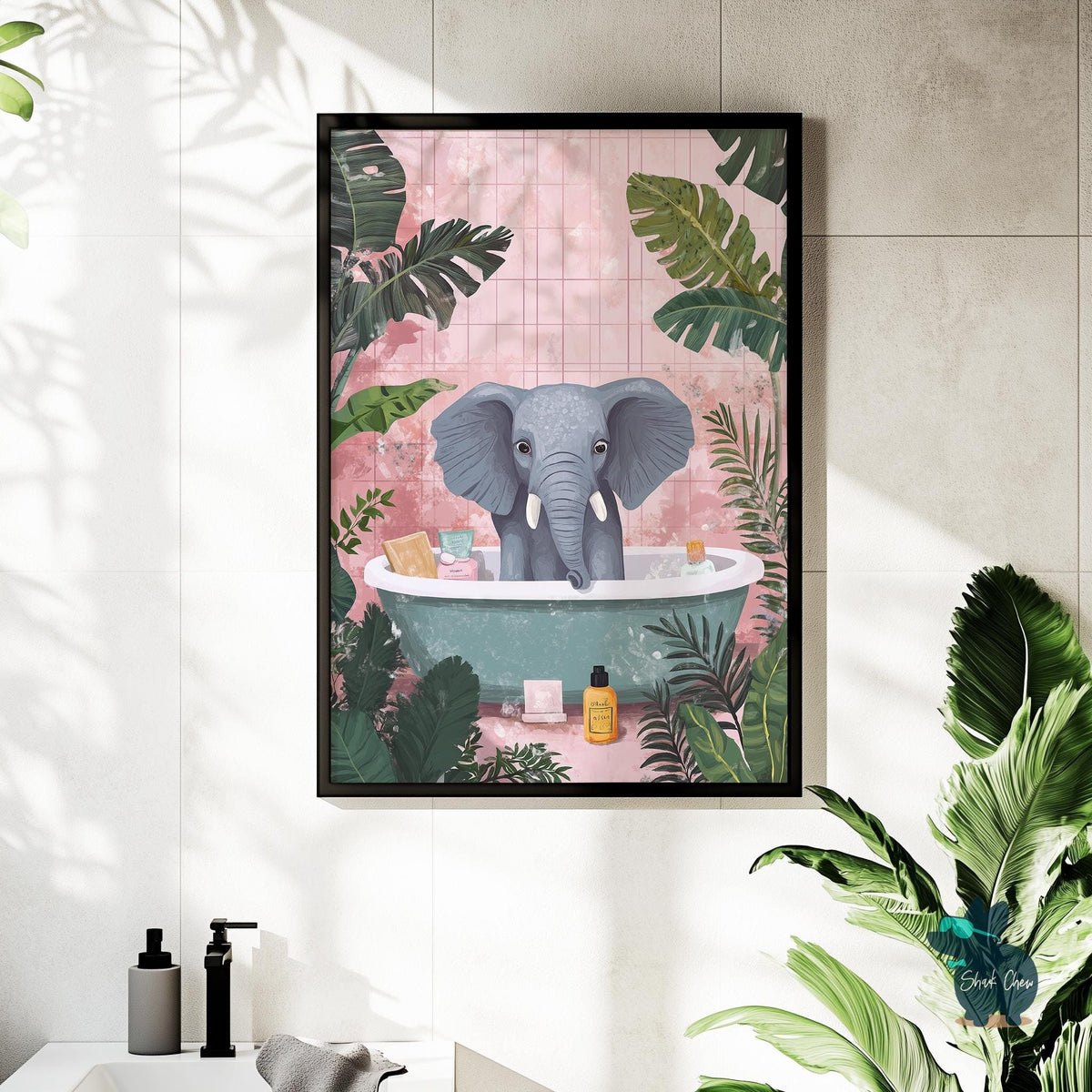 Elephant Bathroom Art Print, Funny Animal Wall Decor for Bathroom, Cute Elephant Print for Toilet Wall Art, Kids Bathroom Art Decor