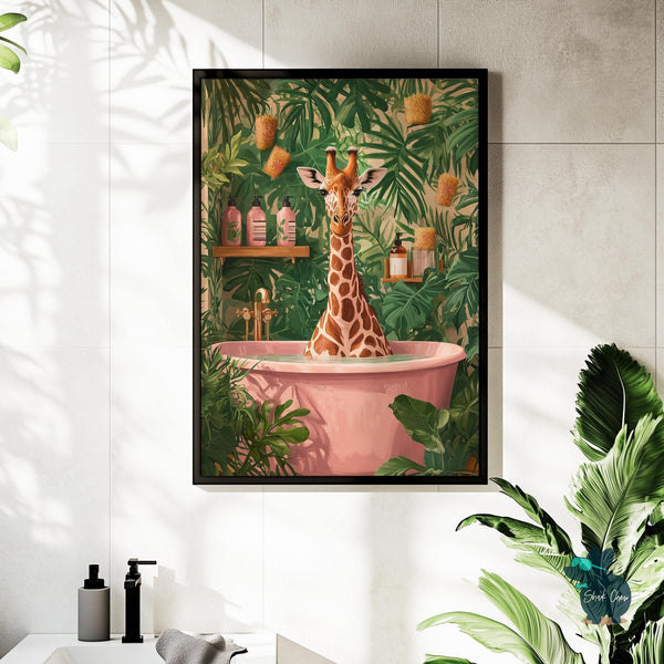 Giraffe Bathroom Art Print, Funny Animal Wall Decor for Bathroom, Safari Giraffe Print for Toilet Wall Art, Jungle Bathroom Decor