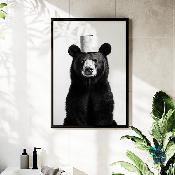 Funny Bear Artwork Print Wall Art Decor for Bathroom, Black and White Animal Toilet Art Print, Bear with Toilet Paper Fun Art Print