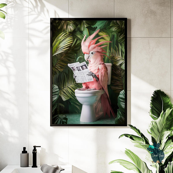 Pink Parrot Bathroom Artwork Print Wall Art Decor for Toilet, Tropical Parrot Print, Jungle Animal Wall Art, funny Toilet Art Decor