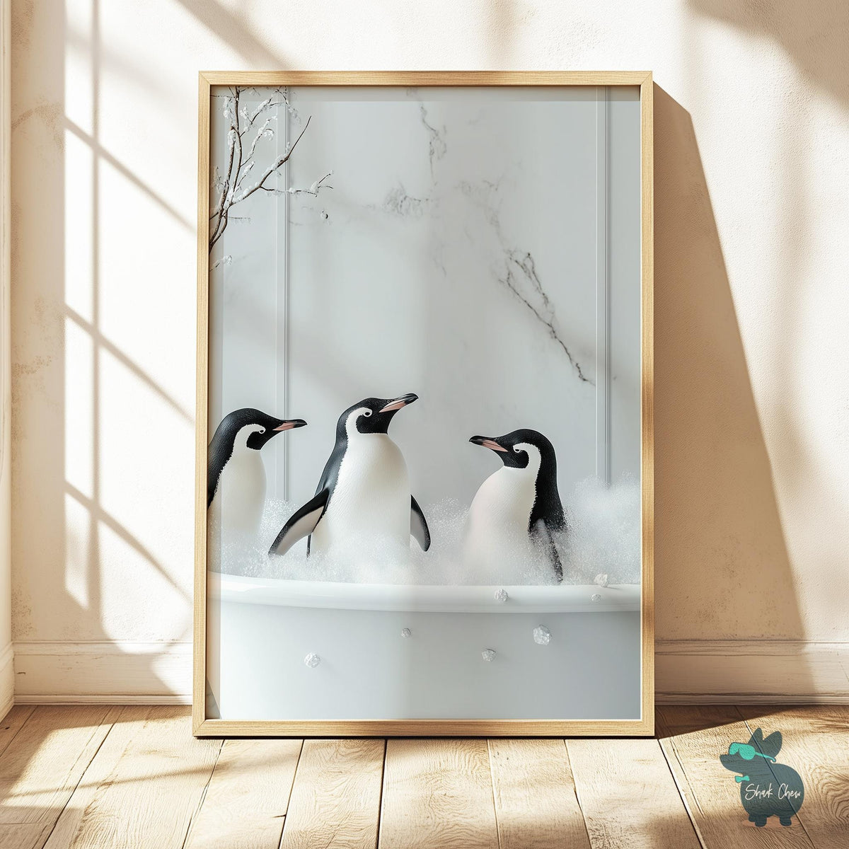 Funny Penguin Bathroom Artwork Print Wall Art Decor for Toilet, Penguin Bathtub Art Print, Modern Black and White Animal Wall Art Decor