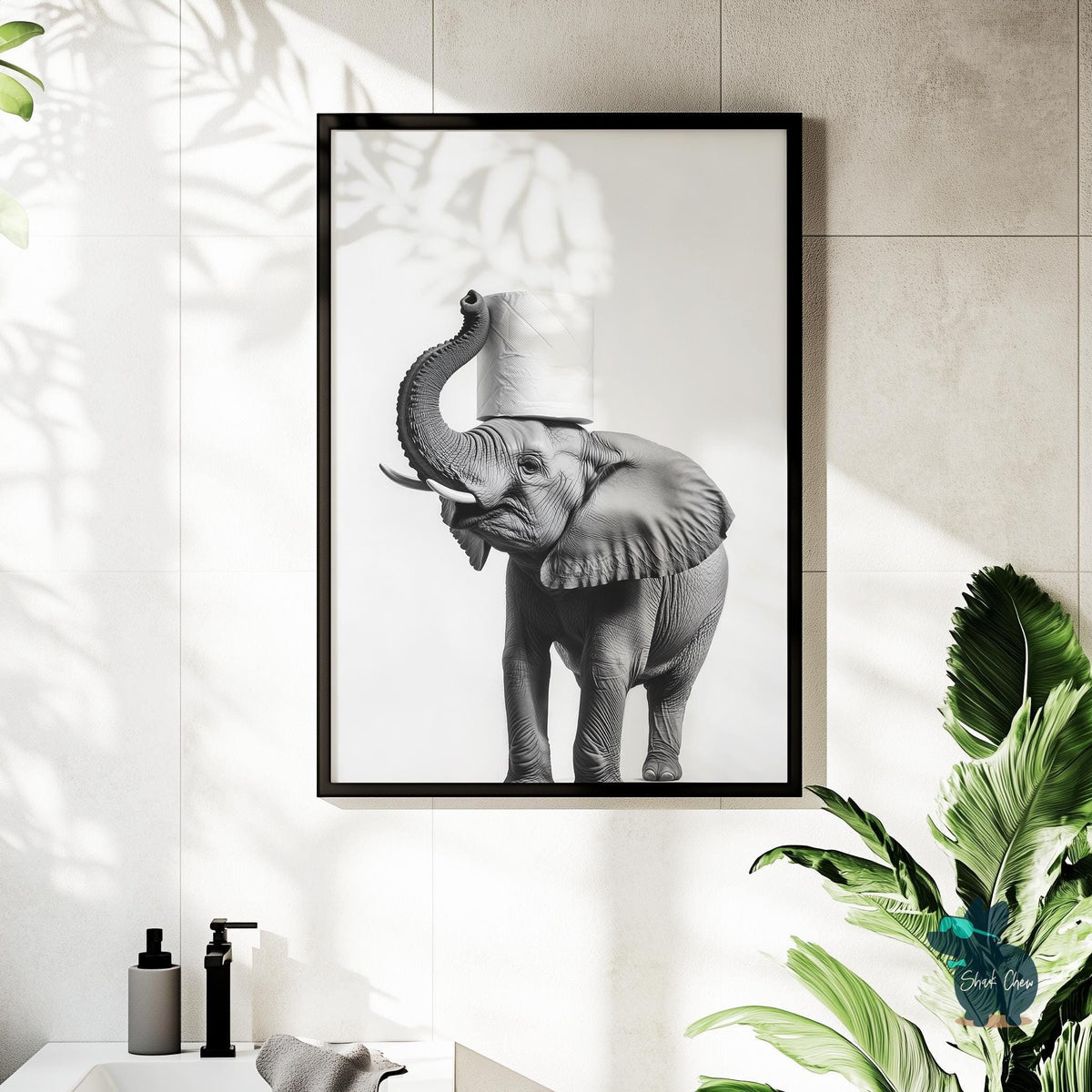 Funny Elephant Bathroom Artwork Print Wall Art Decor for Toilet Print, Elephant with Toilet Paper Art Print, Black and White Animal Wall Art