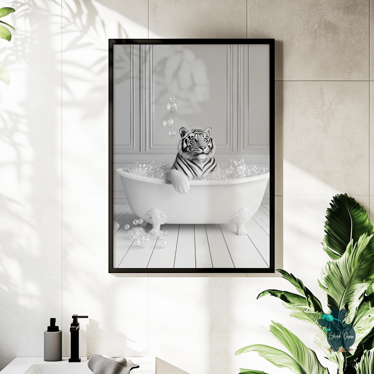 Tiger Bathroom Wall Art Print, Black and White Tiger Bathtub Art, Animal Bathroom Decor, Animal Wall Art, Tiger Art Print for Bathroom