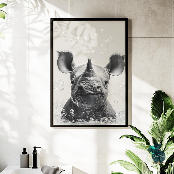 Baby Rhino Bathroom Art Print, Rhino Bubble Bath Wall Decor, Funny Animal Bathroom Wall Art, Rhino Toilet Print, Kids Bathroom Wall Art