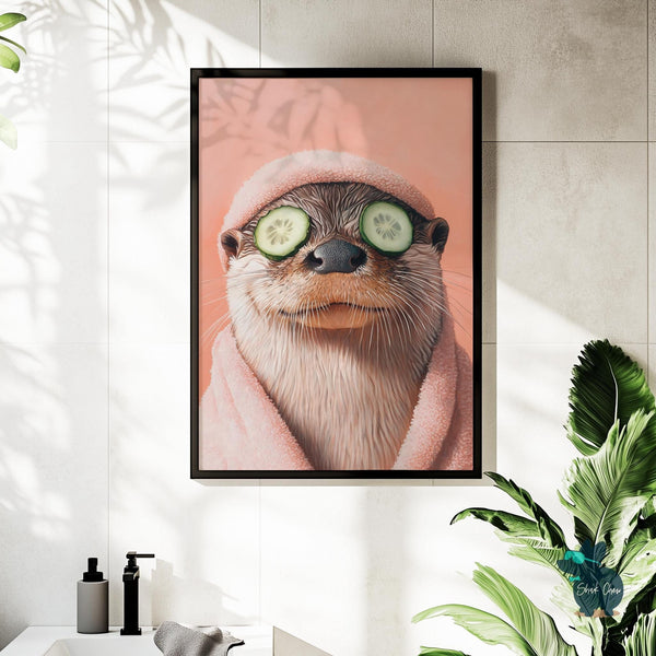 Funny Otter Spa Bathroom Art Wall Art Print Decor, Cute Animal Bathroom Decor, Otter Print with Cucumber Eyes, Otter Wall Art for Bathroom