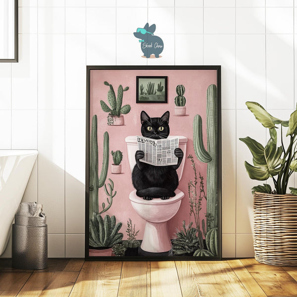 Funny Black Cat Bathroom Art Print, Animal Wall Decor for Bathroom, Cactus Cat Toilet Wall Art, Toilet Decor for Pet Lovers, Black Cat Print