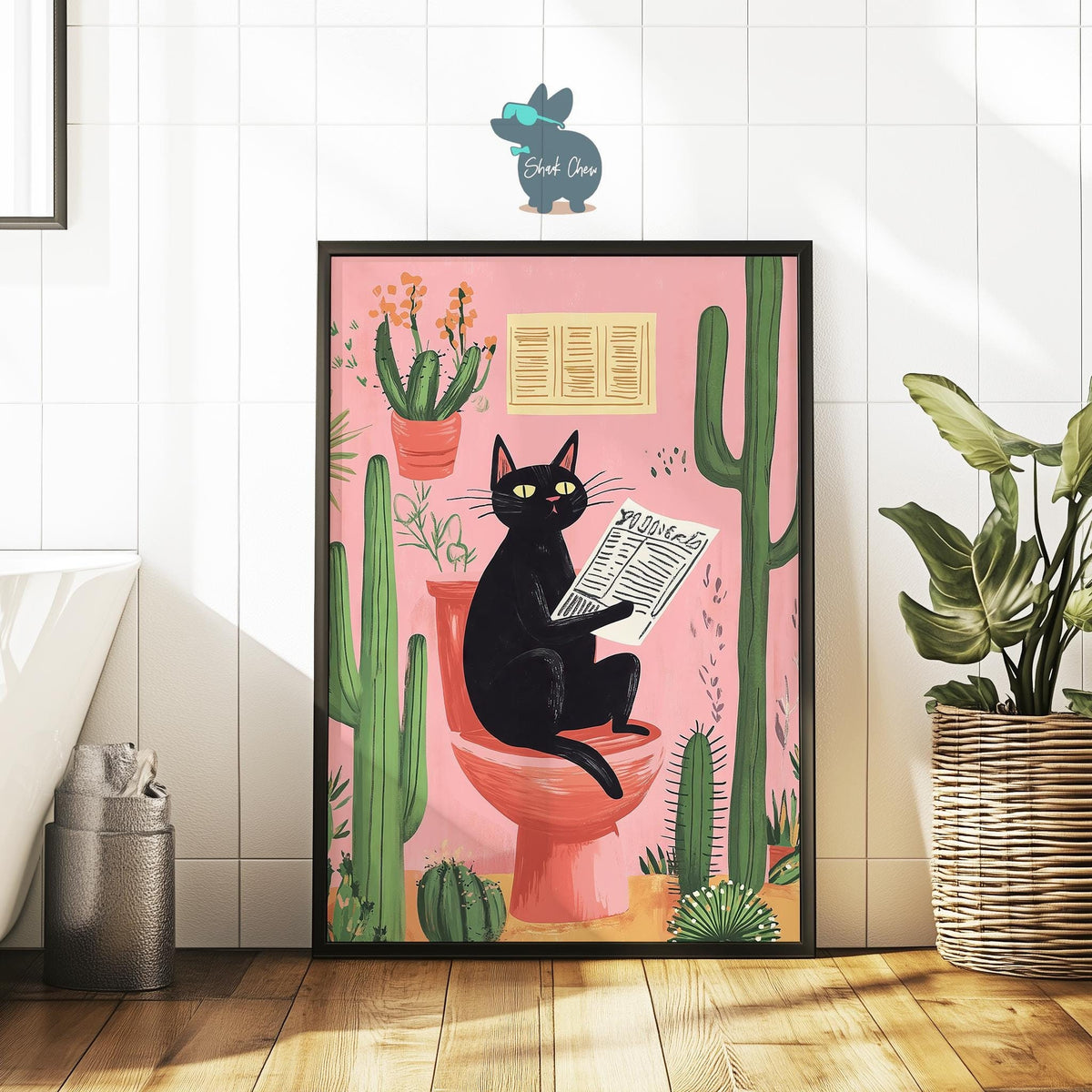 Funny Black Cat Bathroom Wall Art, Animal Wall Decor, Cactus Cat Print for Toilet, Cute Pet Art for Bathroom, Cat Reading Newspaper Art