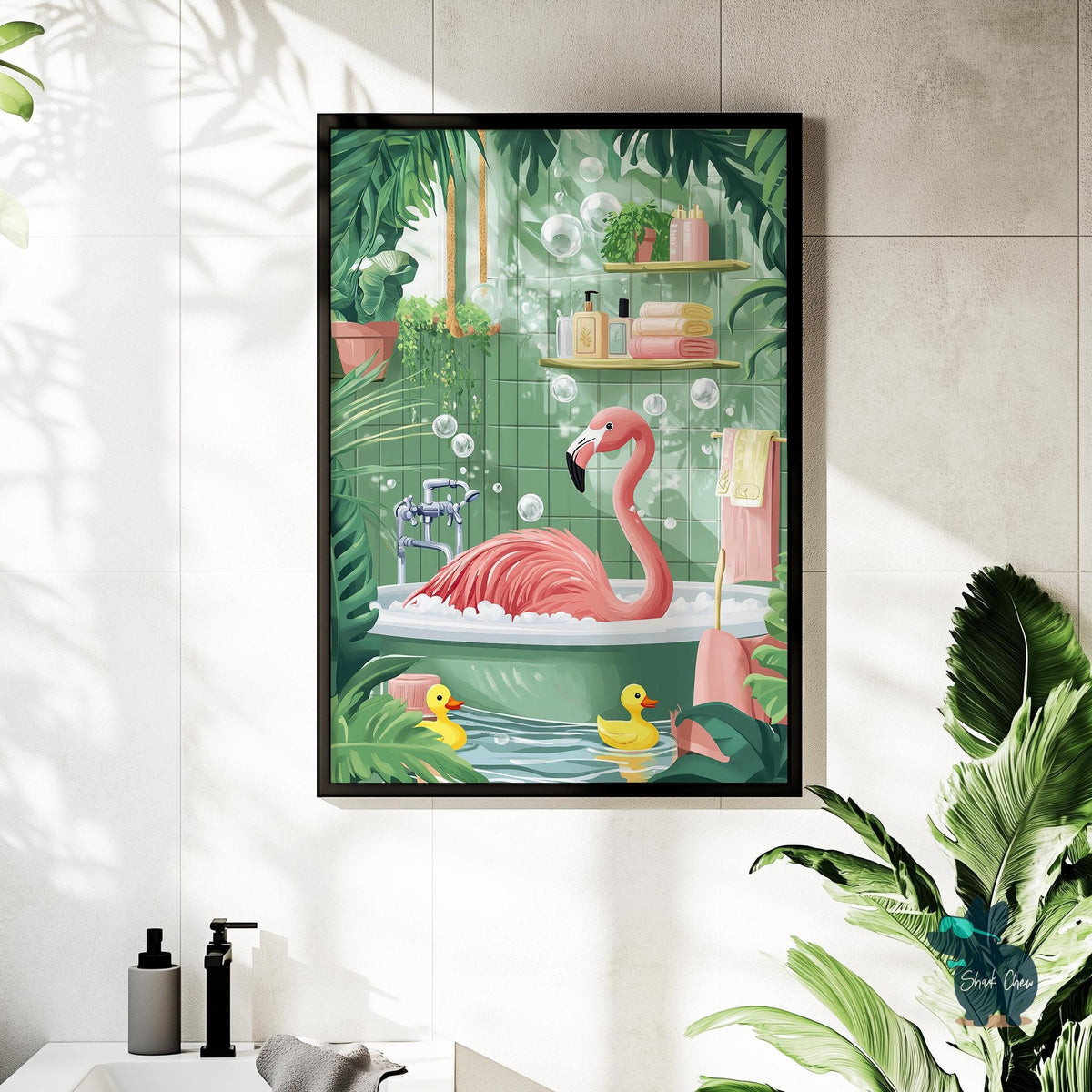 Flamingo Bathroom Art Print, Flamingo Wall Art Decor, Funny Animal Print for Toilet, Tropical Flamingo Bathtub Art, Bathroom Wall Art Decor