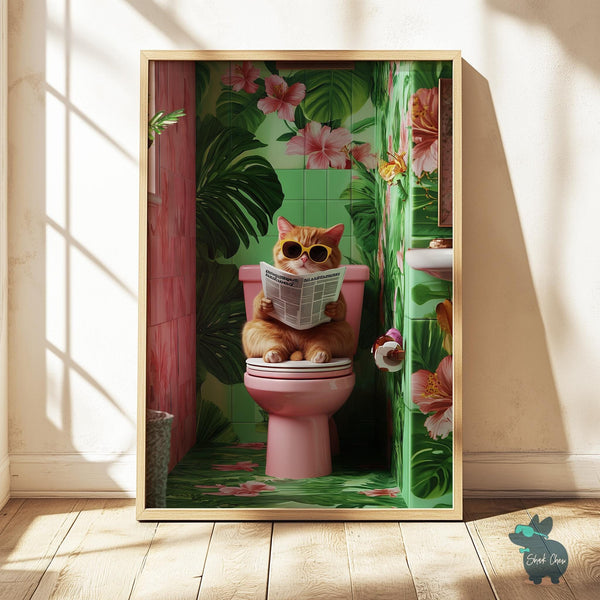 Funny Bathroom Cat Art Print Wall Art Decor, Tropical Cat Wall Decor for Bathroom, Cat Reading on Toilet Wall Art for Bathroom Decor