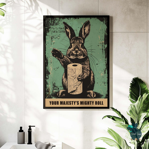 Funny Rabbit Bathroom Wall Art, Quirky Bunny Holding Toilet Paper Print, Humorous Animal Decor for Bathroom, Vintage Bathroom Art Poster