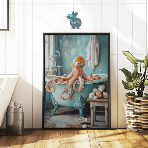 Quirky Octopus Bathroom Art, Funny Animal Print for Bathroom Wall Decor, Octopus in Bathtub Wall Art, Ocean-Inspired Bathroom Decor