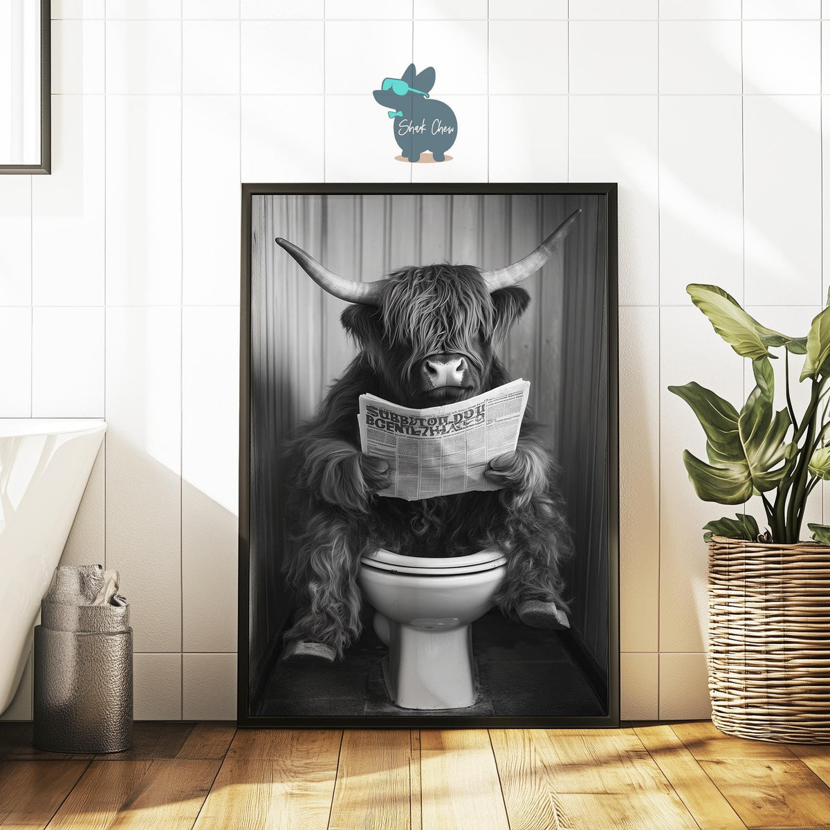 Funny Highland Cow Bathroom Art, Black and White Animal Print for Bathroom Decor, Quirky Cow Toilet Wall Art, Wall Decor Bathroom