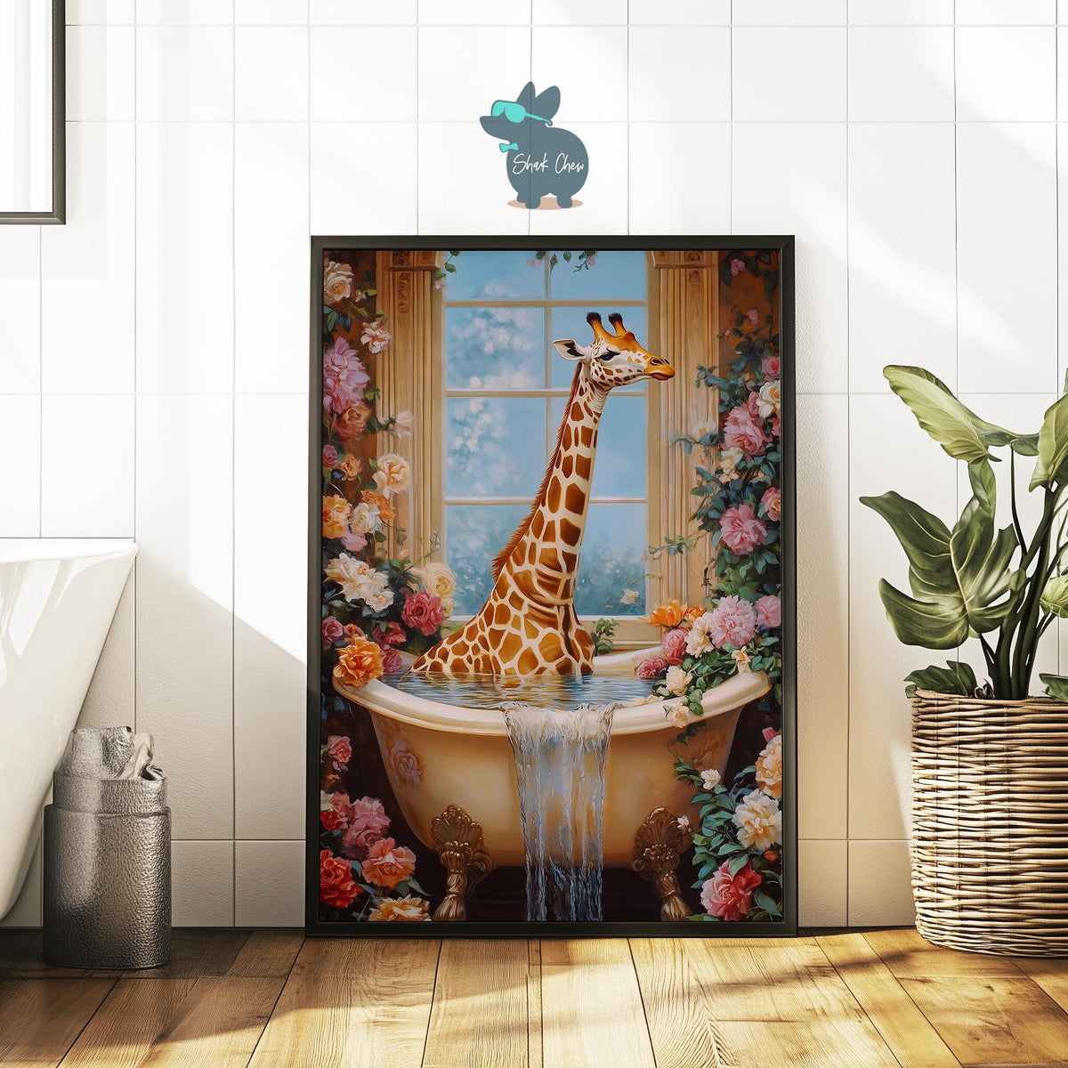 Giraffe Bathroom Art Print, Funny Animal Bathroom Wall Decor, Quirky Giraffe in Bathtub Wall Art for Bathroom Wall Decor. Toilet wall Art