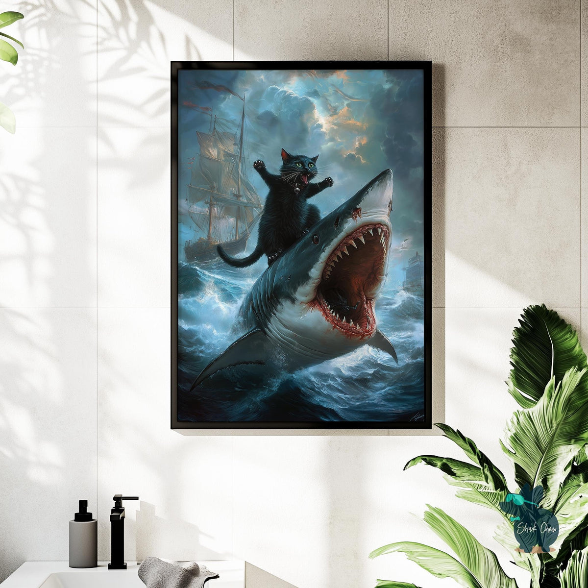 Epic Black Cat and Shark Battle Art Print, Funny Animal Wall Art, Quirky Cat and Shark Ocean Adventure, Bathroom Wall Art, Cat Riding Shark