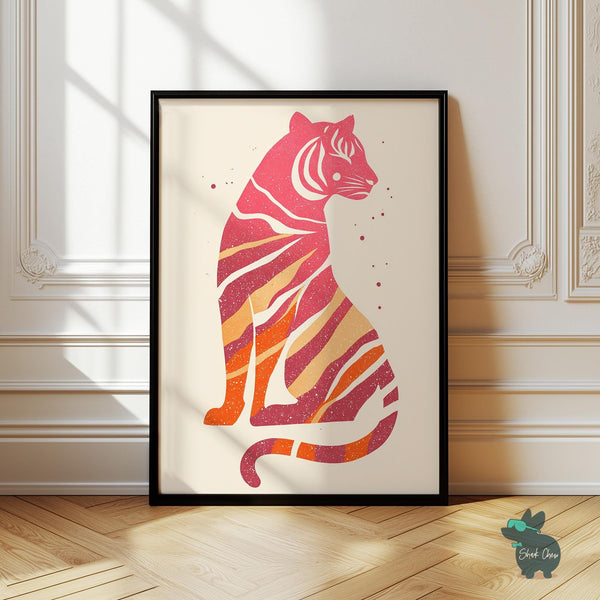 Colorful Tiger Wall Art, Modern Minimalist Animal Decor, Vibrant Pink and Orange Stripes Print, Jungle Inspired Wall Art, Kids Room Decor