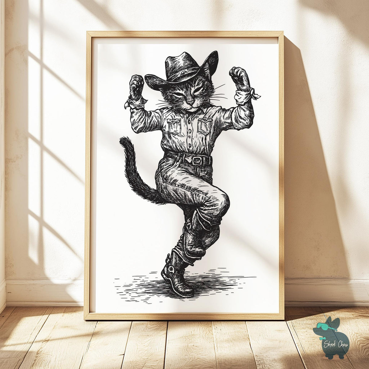 Dancing Cowboy Cat Wall Art Print, Western-Themed Cat Poster, Rustic Decor, Country-Style Cat Illustration, Animal Cowboy Art for Kids Room