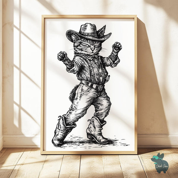 Vintage Western Cowboy Cat Art Print, Dancing Feline Wall Decor, Rustic Country Cat Poster, Fun Cowboy Cat Illustration, Animal Art Decor