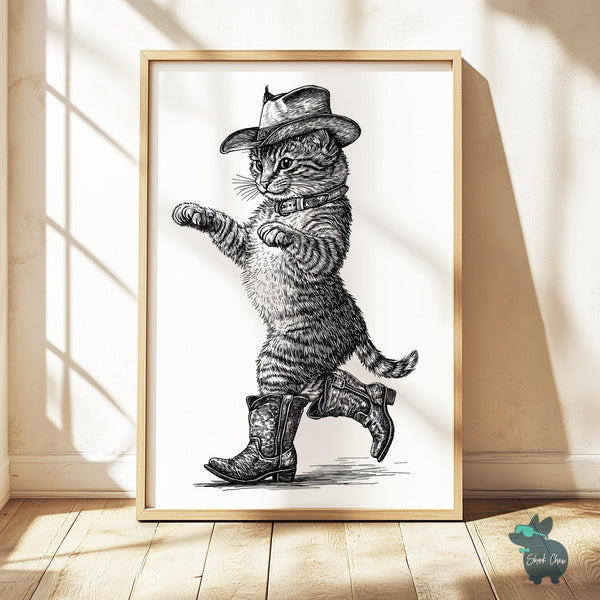 Cowboy Cat Print, Vintage Cowboy Cat Dancing Illustration, Rustic Country Western Cat Wall Art, Animal Lover Gift, Cowboy Boots Poster