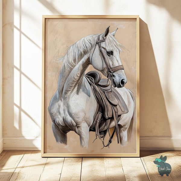 White Horse Wall Art, Equestrian Decor, Horse Portrait Art Print, Rustic Animal Wall Art, Western Horse Art, Elegant Horse Wall Decor