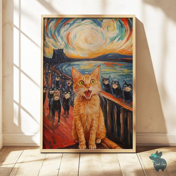 Funny Cat Wall Art, Scream Cat Parody Print, Painting Animal Art for Living Room, Colorful Cat Painting, Cat Portrait, Van Gogh Style